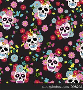 Day of the Dead skull with floral ornament and blooming flower seamless pattern on black background. Dia De Los Muertos celebration pattern background. vector illustration