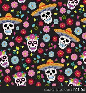 Day of the Dead skull with floral ornament and flower seamless pattern on black background. Dia De Los Muertos celebration pattern background. vector illustration