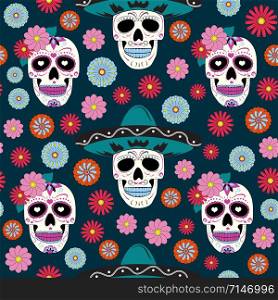 Day of the Dead skull with floral ornament and flower seamless pattern on green background. Dia De Los Muertos celebration pattern background. vector illustration