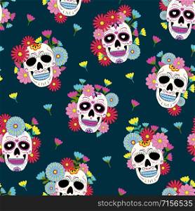 Day of the Dead skull with floral ornament and flower seamless pattern on green background. Dia De Los Muertos celebration pattern background. vector illustration