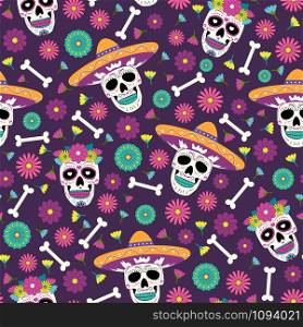 Day of the Dead skull with floral ornament and flower seamless pattern on purple background. Dia De Los Muertos celebration pattern background. Halloween vector illustration