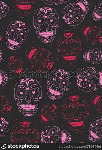 Day of the Dead sugar skull with floral ornament and flower seamless pattern on black background. halloween skull pattern background. vector illustration
