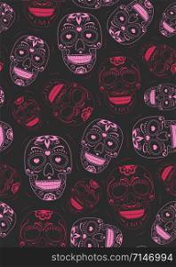 Day of the Dead sugar skull with floral ornament and flower seamless pattern on black background. halloween skull pattern background. vector illustration