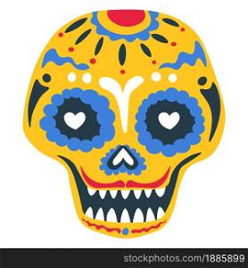Day of the dead tradition of skull painting, mexican holiday celebration. Isolated calavera with ornaments and decorative lines. Zombie makeup with mustache, floral decor vector in flat style. Painted skull, decorated with ornaments, day of the dead