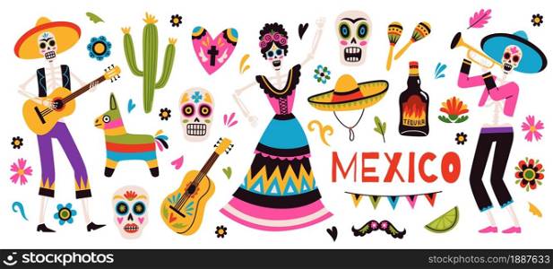 Day of the dead. Traditional mexican holiday symbols, sugar skulls and dancing skeletons in sombrero, bright flowers and festive carnaval decorative objects, vector cartoon flat style isolated set. Day of the dead. Traditional mexican holiday symbols, sugar skulls and dancing skeletons, bright flowers and festive carnaval decorative objects, vector cartoon flat style isolated set