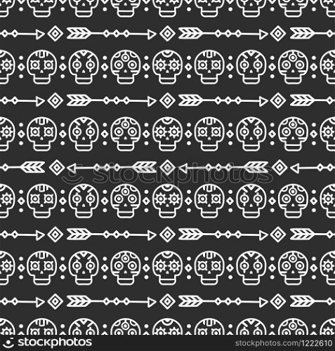 Day of the Dead. Tribal hand drawn line mexican ethnic seamless pattern. Border. Wrapping paper. Print. Doodles. Tiling. Handmade native vector illustration. Aztec background. Texture. Style skull