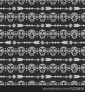 Day of the Dead. Tribal hand drawn line mexican ethnic seamless pattern. Border. Wrapping paper. Print. Doodles. Tiling. Handmade native vector illustration. Aztec background. Texture. Style skull