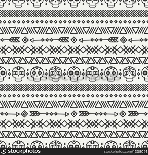 Day of the Dead. Tribal hand drawn line mexican ethnic seamless pattern. Border. Wrapping paper. Print. Doodles. Tiling. Handmade native vector illustration. Aztec background. Texture. Style skull. Day of the Dead. Tribal hand drawn line mexican ethnic seamless pattern. Border. Wrapping paper. Print. Doodles. Tiling. Handmade native vector illustration. Aztec background. Texture. Style skull.