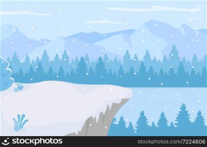 Day on frozen lake flat color vector illustration. Snowflakes falling on hills in woodland. Wintertime snowy 2D cartoon landscape with wintry woods near mountain peaks on background. Day on frozen lake flat color vector illustration