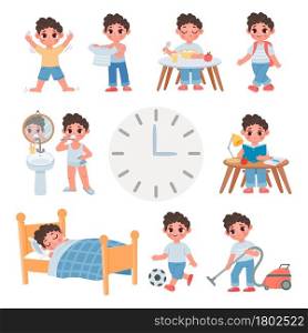 Day routine activity for cartoon school kid boy. Daily schedule with cute boy sleep, eat, play, study and clean. Health lifestyle vector set. Illustration of everyday boy, daily morning play study. Day routine activity for cartoon school kid boy. Daily schedule with cute boy sleep, eat, play, study and clean. Health lifestyle vector set