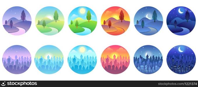 Day time landscape. Dawn, morning city, sunny day, evening sunset, twilight field, night cityscape round vector icon set. Collection of circular natural and urban sceneries in modern flat style.. Day time landscape. Dawn, morning city, sunny day, evening sunset, twilight field, night cityscape round vector icon set