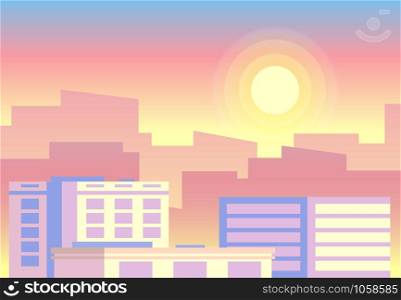 Day time view. Early morning sunrise city landscape. Daytime sun cycle countryside sky horizon noon summer scene for game app. Flat colorful vector concept background. Day time view. Early morning sunrise city landscape. Flat vector concept background