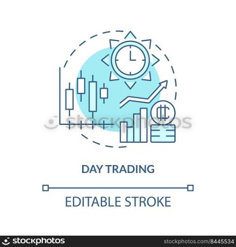 Day trading turquoise concept icon. Active engagement. Way to make money on crypto abstract idea thin line illustration. Isolated outline drawing. Editable stroke. Arial, Myriad Pro-Bold fonts used. Day trading turquoise concept icon