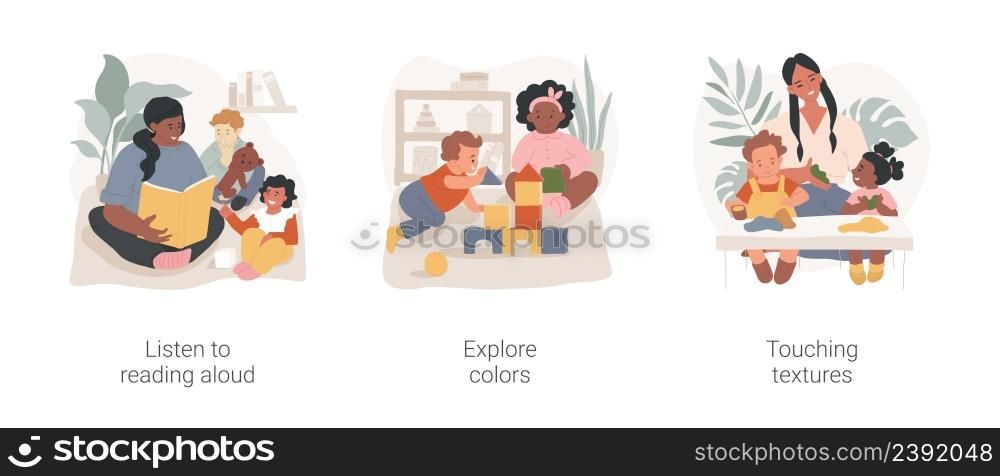 Daycare center for infants isolated cartoon vector illustration set. Early education, listen to reading aloud, explore colors, touching textures, mental development, kindergarten vector cartoon.. Daycare center for infants isolated cartoon vector illustration set.
