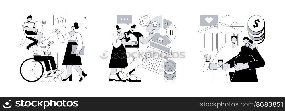 Daycare financial help abstract concept vector illustration set. Special education preschool, childcare expenses and subsidy, inclusive kindergarten, children with disabilities abstract metaphor.. Daycare financial help abstract concept vector illustrations.