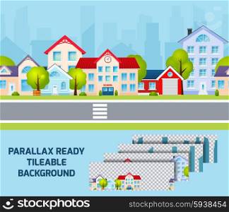 Daylight cityscape parallax effect background tileable . Daylight residential area street view cityscape with parallax effect city centre on background tileable abstract vector illustration