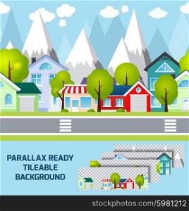 Daylight provincial town street view with parallax ready mountains peaks landscape on background tileable abstract vector illustration. Editable EPS and Render in JPG format. Provincial town landscape parallax ready background