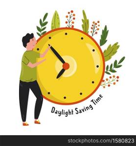 Daylight Saving Time. Abstract design with a man. changing time at clock Vector illustration. Daylight Saving Time. Abstract design with a man changing time at clock