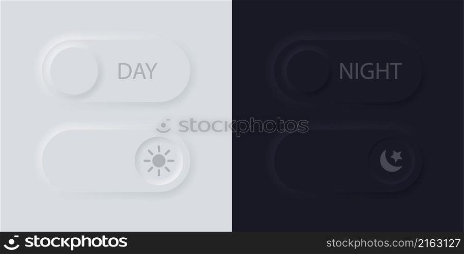 Daymode and nightmode buttons in neumorphic design style. Toggle on and off day and nigh.