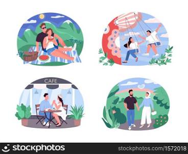Daytime activity for couples 2D vector web banner, poster set. Romantic partners flat characters on cartoon background. Fun pastime printable patch, colorful web element collection. Daytime activity for couples 2D vector web banner, poster set