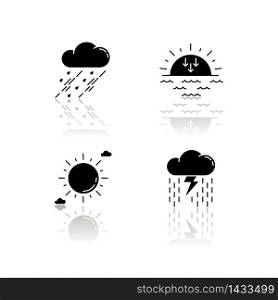 Daytime and nighttime forecast drop shadow black glyph icons set. Weather prediction science, meteorology. Sky clarity and atmospheric precipitation. Isolated vector illustrations on white space. Daytime and nighttime forecast drop shadow black glyph icons set