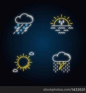 Daytime and nighttime forecast neon light icons set. Weather prediction science signs with outer glowing effect. Sky clarity and atmospheric precipitation. Vector isolated RGB color illustrations. Daytime and nighttime forecast neon light icons set