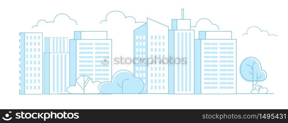 Daytime Business Center with High Buildings and Skyscrapers Cityscape Panorama Outline Flat Cartoon. Modern City Landscape Design. Abstract Urban Architecture Construction. Vector Illustration. Daytime Business Cityscape Panorama Flat Cartoon