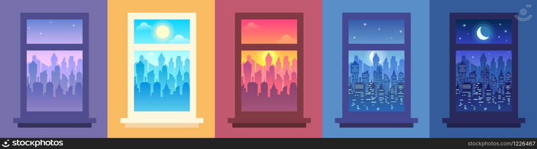 Daytime city landscape in window. Change of time of day, night city view from window and cityscape in frame vector illustration set. Modern urban panoramas with skyscrapers seen from inside building.. Daytime city landscape in window. Change of time of day, night city view from window and cityscape in frame vector illustration set