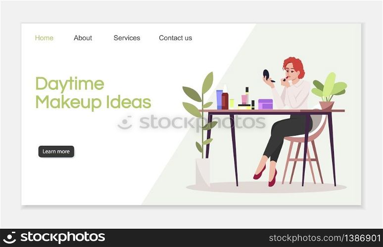 Daytime makeup ideas landing page vector template. Professional beauty courses website interface idea with flat illustrations. Cosmetology homepage layout. Make up cartoon web banner, webpage. Daytime makeup ideas landing page vector template
