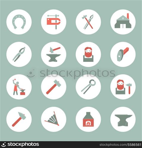 Dcorative blacksmith shop anvil cast iron tongs and horseshoe solid round plate pictograms collection isolated vector illustration