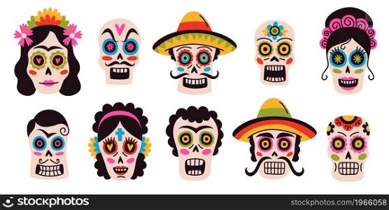 Dead day skulls. Different decor mexican male and female sugar skulls, sombreros, floral wreath and mustache, calavera skeletons with bright flowers and leaves ornament, vector cartoon isolated set. Dead day skulls. Different decor mexican male and female sugar skulls, sombreros, floral wreath and mustache, calavera skeletons with bright flowers and leaves vector isolated set