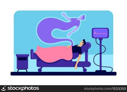 Dead man in hospital flat color vector illustration. Male body and soul in medical clinic. Patient ghost 2D cartoon character with wheeled bed and cardiogram monitor on background. Dead man in hospital flat color vector illustration