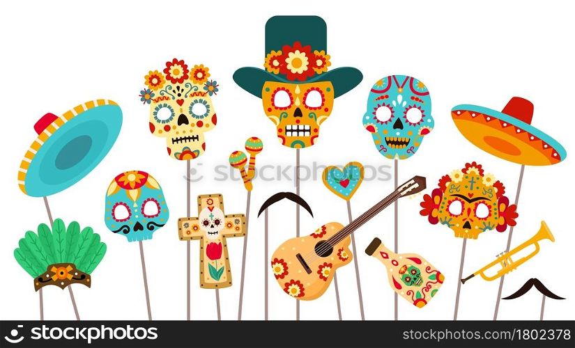 Dead of day photo booth. Skull masks, sombrero and props for Dia de los Muertos party. Mexican halloween holiday decorations flat vector set. Illustration booth props party for photo in mexican hat. Dead of day photo booth. Skull masks, sombrero and props for Dia de los Muertos party. Mexican halloween holiday decorations flat vector set
