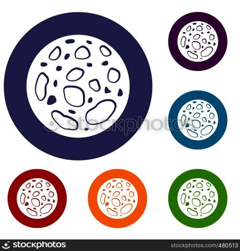 Dead planet icons set in flat circle red, blue and green color for web. Dead planet icons set