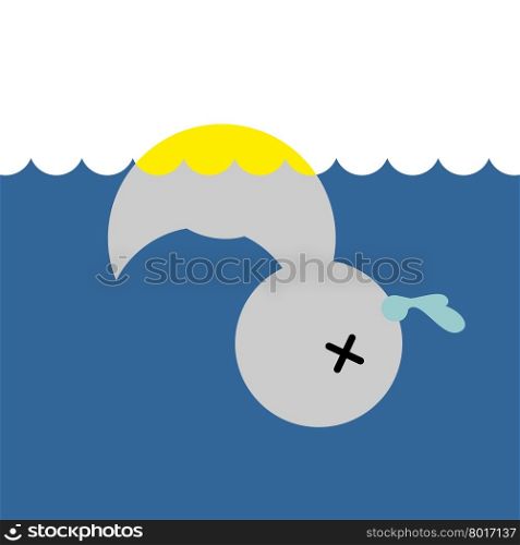 Dead rubber duck. Childrens toy in water. Vector illustration