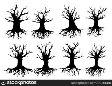 Dead tree isolated silhouettes of vector ecology and Halloween design. Old forest trees with black bare branches, dry roots and trunks, gnarled bough, twisted sticks, crowns and bark. Dead tree isolated silhouettes, ecology, Halloween