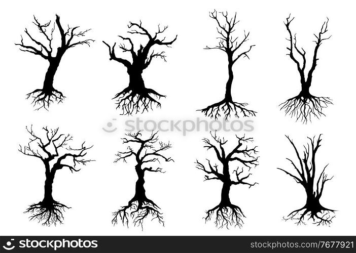 Dead trees isolated vector black silhouettes. Dry wood with no leaves, naked branches and long roots, nature ecology problems, winter or autumn season plants with rough barks, dead forest icons. Dead trees with naked branches and long roots