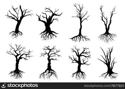 Dead trees isolated vector black silhouettes. Dry wood with no leaves, naked branches and long roots, nature ecology problems, winter or autumn season plants with rough barks, dead forest icons. Dead trees with naked branches and long roots