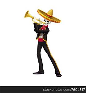 Dead zombie skeleton playing on trumpet isolated Cinco de Mayo character. Vector mexican musician. Mexican dead musician play on trumpet in sombrero