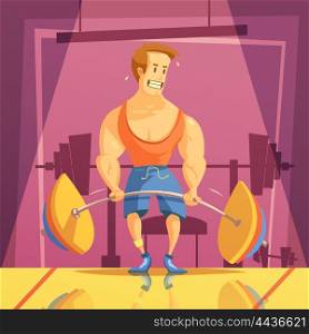 Deadlift Cartoon Illustration . Deadlift and gym cartoon background with weight man and barbell vector illustration