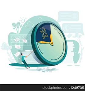 Deadline and time management business concept vector. Large watches and hurried worker man pulling clock hand using rope, trying to stop or slow down time, flat illustration. Deadline, time management business concept vector