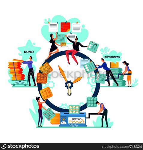 Deadline and time management business concept vector. Large watches and workers with task cards, process of generating idea, turning it into task to do, through progress and testing to done, teamwork. Deadline, time management business concept vector