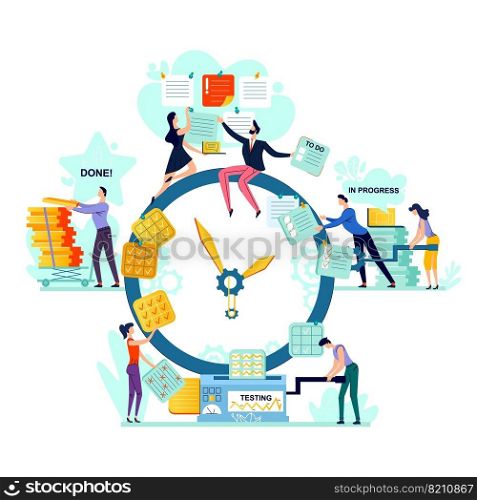 Deadline and time management business concept vector. Large watches and workers with task cards, process of generating idea, turning it into task to do, through progress and testing to done, teamwork. Deadline, time management business concept vector
