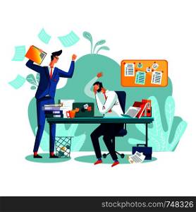 Deadline and time management business concept vector. Tired of stress worker who did not complete the task at time, isitting at his desk and covering face with hand, and angry boss screaming at him. Deadline, time management business concept vector