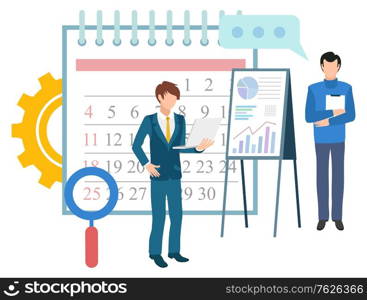 Deadline and time management vector, business organization of work. Calendar with dates, magnifying glass and whiteboard with charts and data visual. Flat cartoon. Calender and Workers, Business Management Deadline