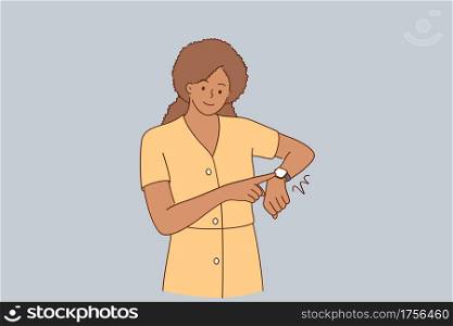 Deadline, being late, impatience concept. Young beautiful african american girl wearing casual dress standing In hurry pointing to watch time feeling displeased vector illustration . Deadline, being late, impatience concept.