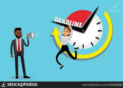 Deadline business concept,African american male boss screams into a megaphone and Sad caucasian female office worker hanging on the clock arrow,flat vector illustration