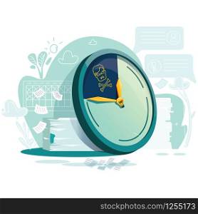 Deadline business concept cartoon vector illustration. Large watches or clocks with yellow hour hands show ending time, angry boss face and crossbones on background chaos, scattered document or papers. Deadline business concept cartoon vector