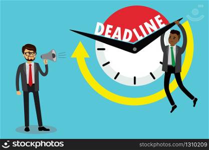 Deadline business concept,Caucasian male boss screams into a megaphone and Sad african american office worker hanging on the clock arrow,flat vector illustration
