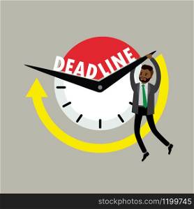 Deadline business concept,Sad african american Businessman hanging on the clock arrow,flat vector illustration